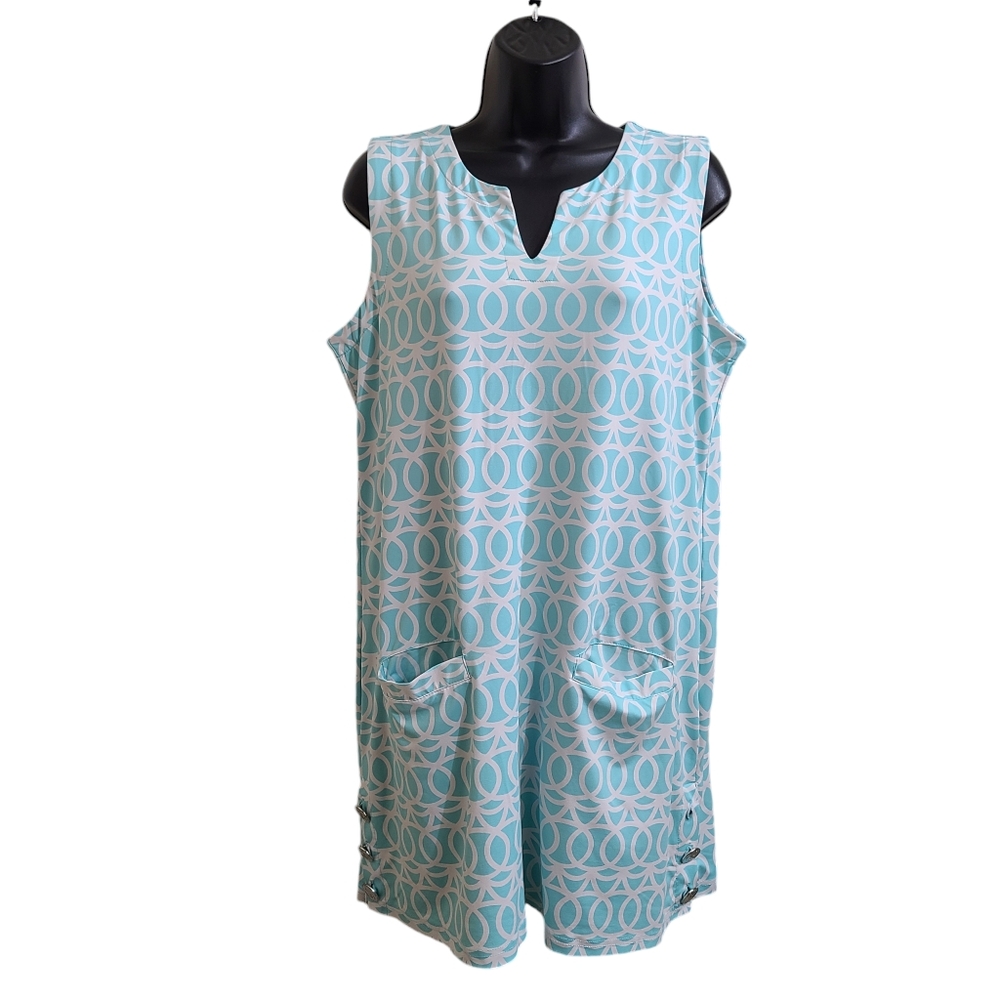 Lulu-B Sleeveless Mini Dress M Turquoise White Stretch Pockets Buttons